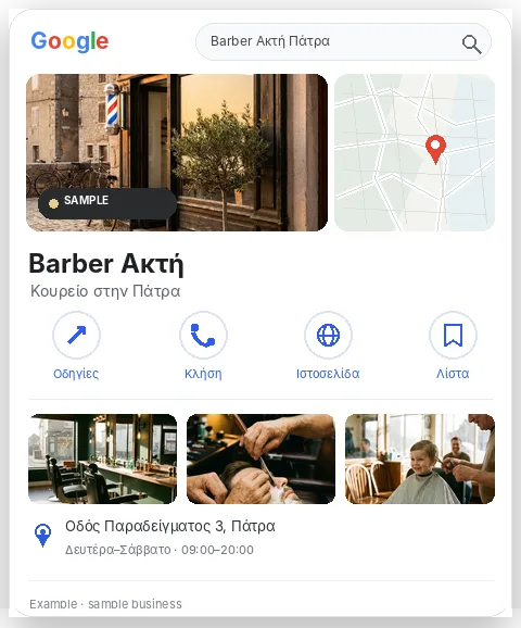Παράδειγμα κάρτας Google για το δείγμα επιχείρησης Barber Ακτή: φωτογραφίες, χάρτης, οδηγίες, κλήση, ιστοσελίδα, διεύθυνση